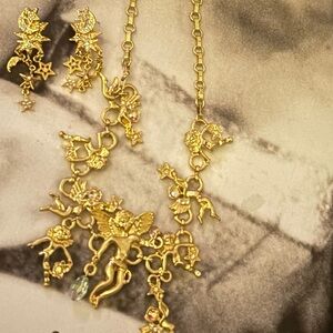 Betsey Johnson Cherubs Necklace (Hard to find) and pair of earrings signed afr.k
